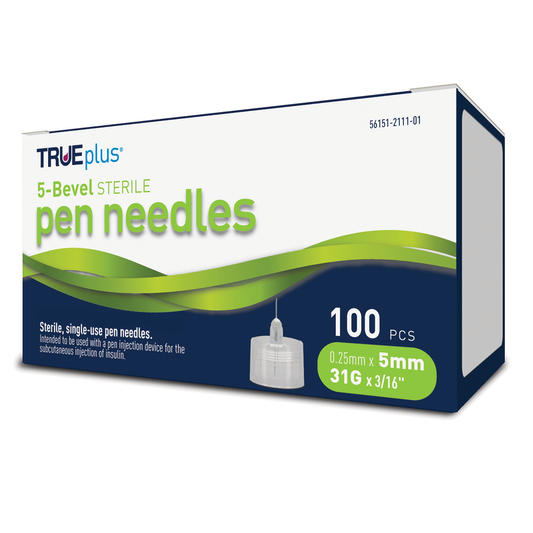 TRUEplus 5-Bevel Pen Needles 31G x 5mm (3/16") - 100/bx