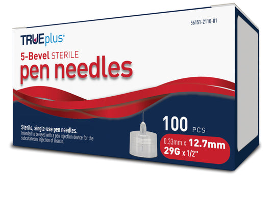 TRUEplus 5-Bevel Pen Needles 29G x 12.7mm (1/2") - 100/bx