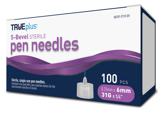 TRUEplus 5-Bevel Pen Needles 31G x 6mm (1/4") - 100/bx