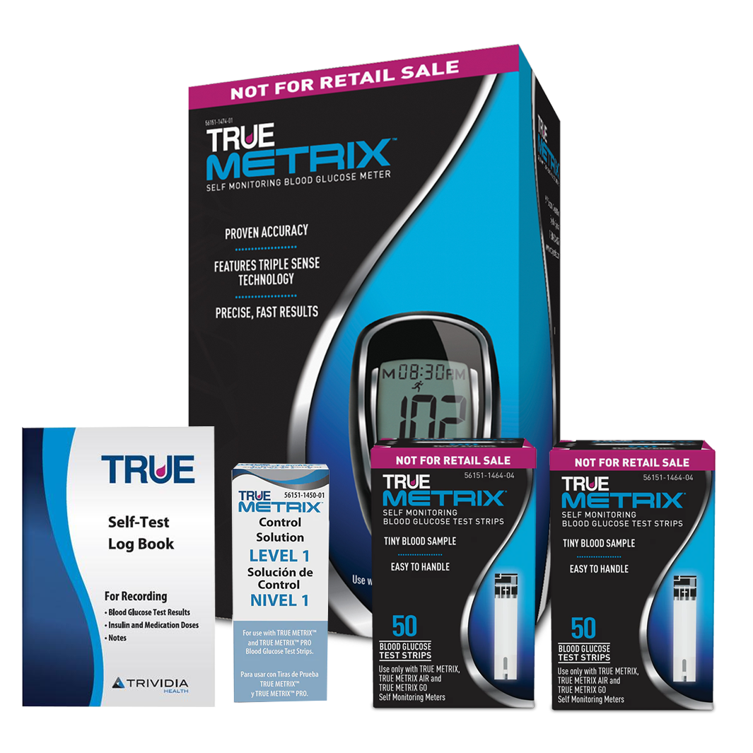TRUE METRIX® Blood Glucose Testing Kit (Meter, 100 Strips, Control Solution, Log Book)