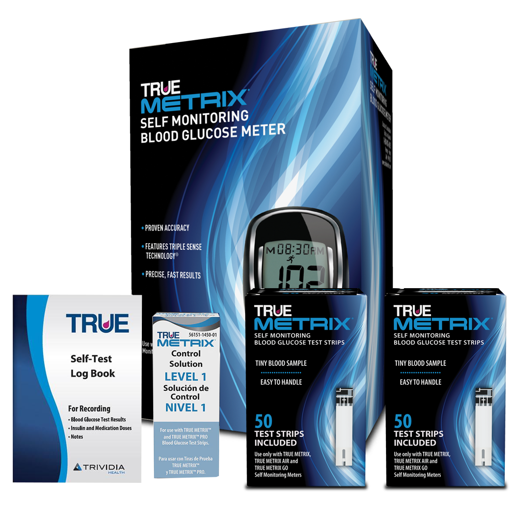 True Test Box TRUE METRIX® Blood Glucose Testing Kit (Meter, 100 Strips, Control Sol ...