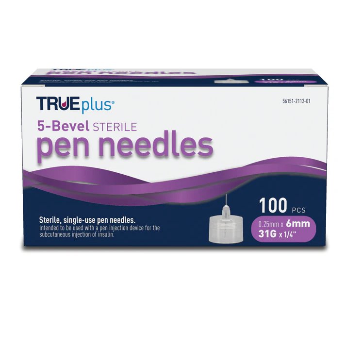 TRUEplus 5-Bevel Pen Needles 31G x 6mm (1/4") - 100/bx