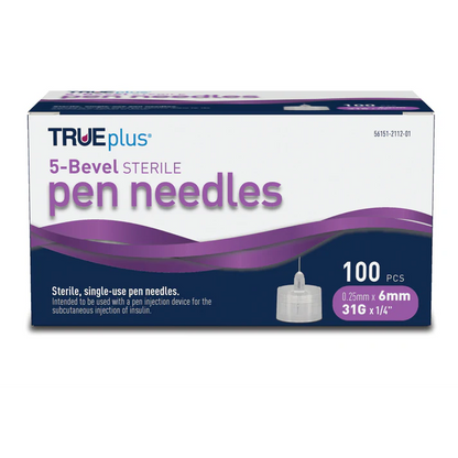TRUEplus 5-Bevel Pen Needles 31G x 6mm (1/4") - 100/bx