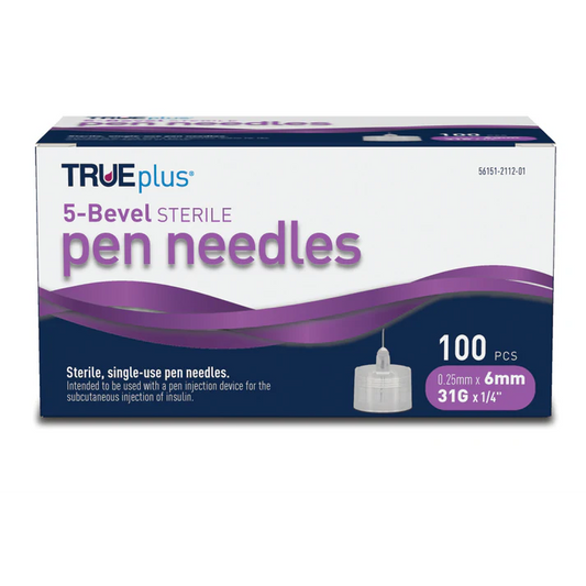 TRUEplus 5-Bevel Pen Needles 31G x 6mm (1/4") - 100/bx