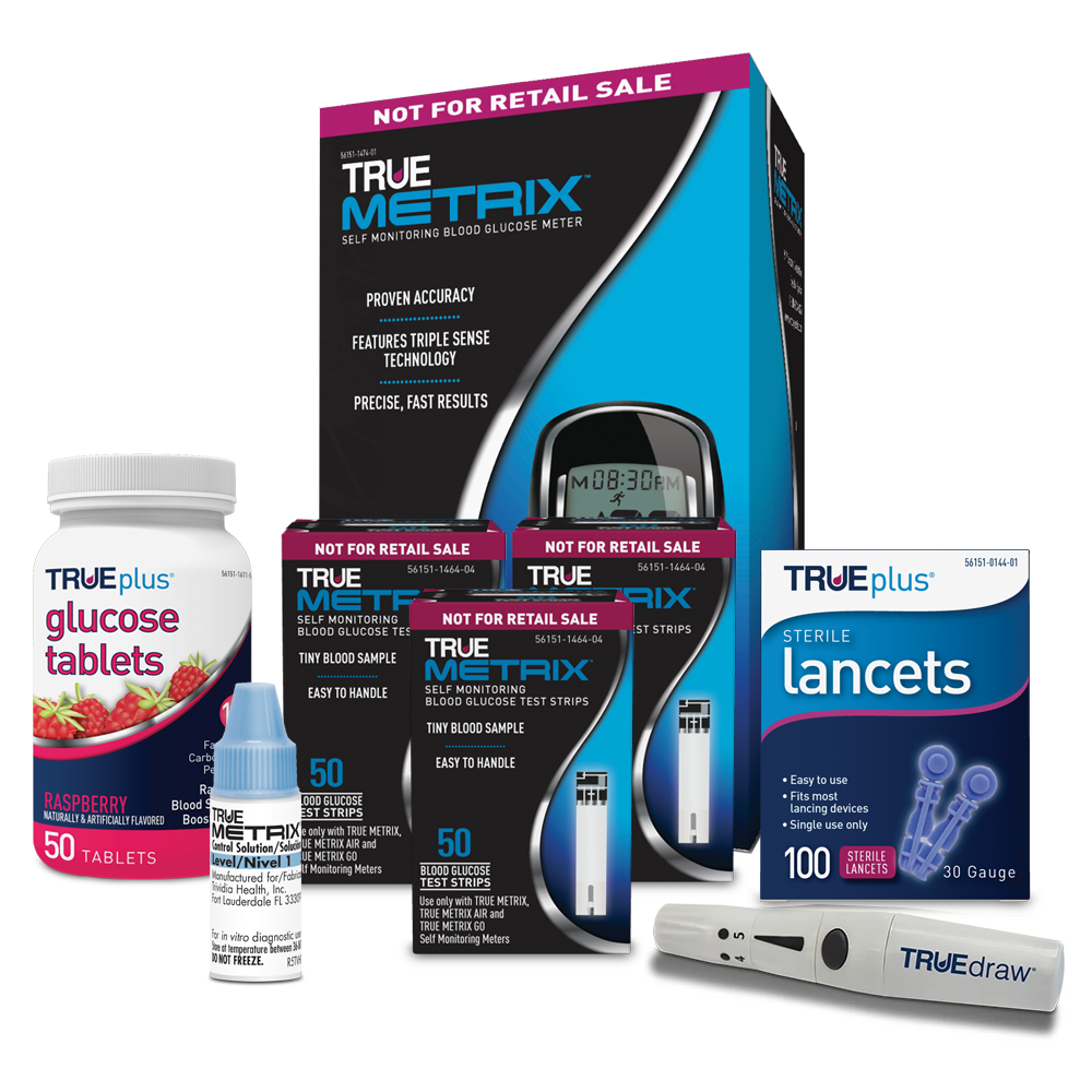 TRUE METRIX® Blood Glucose Testing Package (Meter Kit, 150 Strips, Lancets & Lancing Device, Control Solution, Raspberry Glucose Tabs)